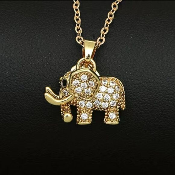 Stainless Steel Elephant Pendant Necklace in Gold Tones and embedded Zirconia - Picture 10 of 11